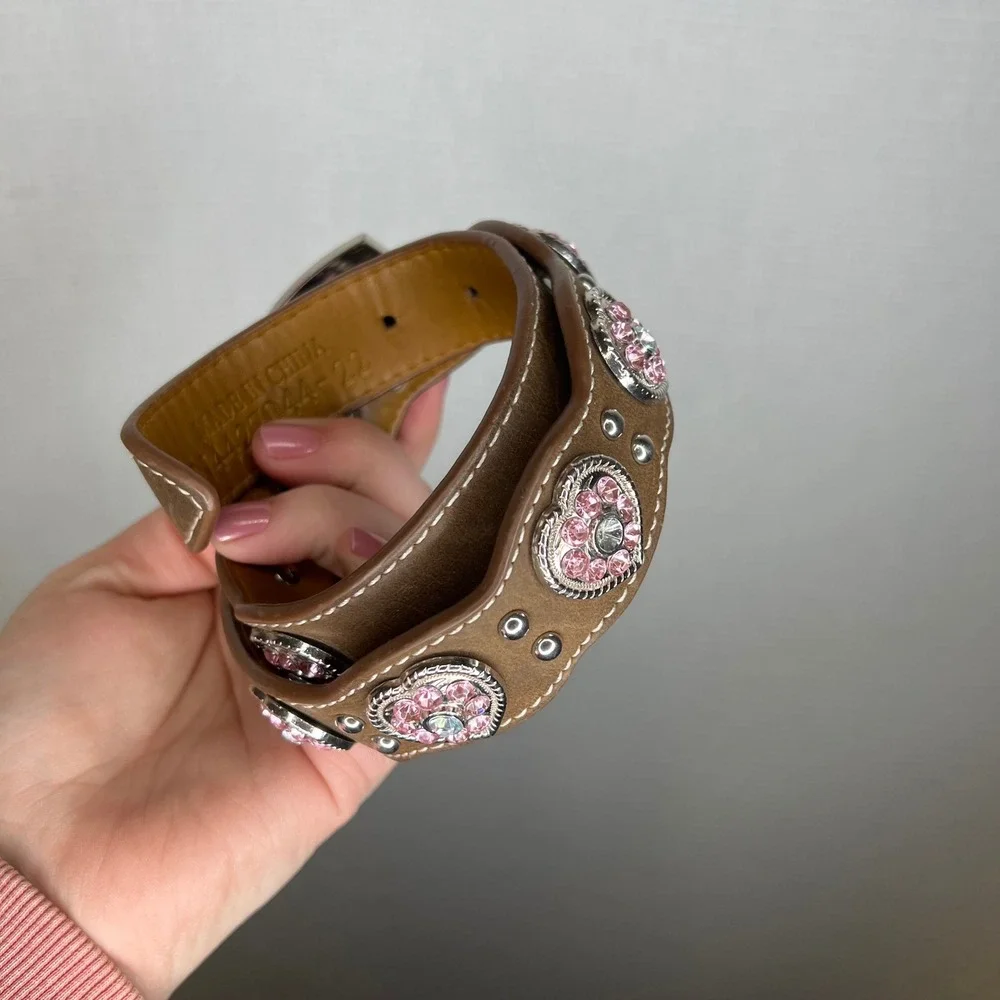 Nocona Kids Brown Leather Rhinestone Heart Conch Western Belt N4427044 Size 22 - Picture 4 of 8
